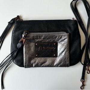 B Makowsky Leather Crossbody Purse With Fringe Tassels Small Black Gray Gold